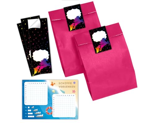 Minkocards 6 Schiffe versenken + 6 Geschenktüten (pink) + 6 Aufkleber Einhorn Unicorn Mitgebsel für Mädchen Gastgeschenke für Kindergeburtstag von Minkocards