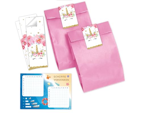 Minkocards 6 Schiffe versenken + 6 Geschenktüten (rosa) + 6 Aufkleber Unicorn Einhorn Mitgebsel für Mädchen Gastgeschenke für Kindergeburtstag von Minkocards