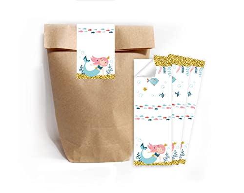 Minkocards 8 Geschenktüten (Natur) + 8 Aufkleber Meerjungfrau Geschenktüten für Mitgebsel Gastgeschenk einpacken beim Kindergeburtstag Mädchengeburtstag von Minkocards