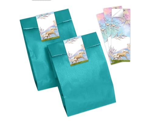Minkocards 8 Geschenktüten (Petrol) + 8 Aufkleber Pferd mit Fohlen Geschenktüten für Mitgebsel Gastgeschenk einpacken beim Kindergeburtstag Mädchengeburtstag von Minkocards