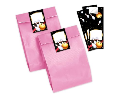 Minkocards 8 Geschenktüten (rosa) + 8 Aufkleber Bowlling Bowling-Party Kegeln Geschenktüten für Mitgebsel Gastgeschenk einpacken beim Kindergeburtstag Mädchengeburtstag Jungsgeburtstag von Minkocards