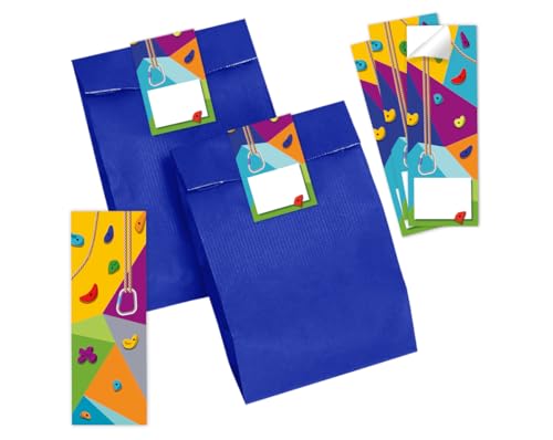 Minkocards 8 Lesezeichen + 8 Geschenktüten (blau) + 8 Aufkleber Klettern Bouldern Mitgebsel Mädchen Jungen Gastgeschenke für Kindergeburtstag Mädchengeburtstag Jungengeburtstag von Minkocards