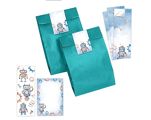 Minkocards 8 Lesezeichen + 8 Notizblöcke + 8 Geschenktüten (Petrol) + 8 Aufkleber Roboter Mitgebselset Gastgeschenke für Kindergeburtstag Jungsgeburtstag von Minkocards