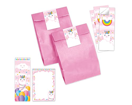 Minkocards 8 Lesezeichen + 8 Notizblöcke + 8 Geschenktüten (rosa) + 8 Aufkleber Lama Mitgebselset Gastgeschenke für Kindergeburtstag Mädchengeburtstag von Minkocards
