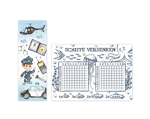 Minkocards 8 Lesezeichen + 8 Schiffe versenken Polizei Detektiv Mitgebsel für Kindergeburtstag Gastgeschenke für Kinder Jungsgeburtstag von Minkocards