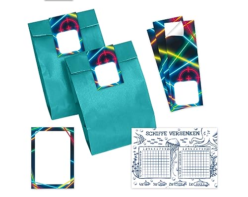 Minkocards 8 Schiffe versenken + 8 Blöcke + 8 Geschenktüten (Petrol) + 8 Aufkleber Lasertag Laser Tag Mitgebselset Gastgeschenke für Kindergeburtstag Jungsgeburtstag Mädchengeburtstag von Minkocards