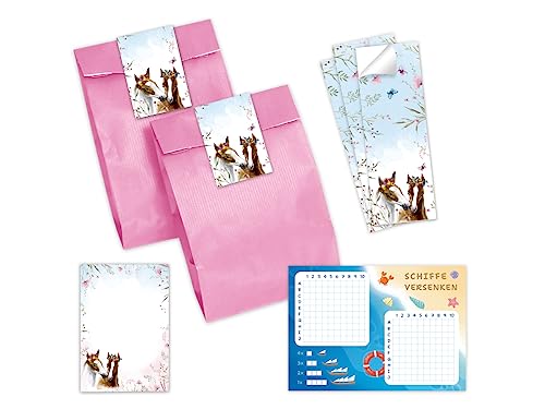 Minkocards 8 Schiffe versenken + 8 Blöcke + 8 Geschenktüten (rosa) + 8 Aufkleber Pferd Mitgebselset Gastgeschenke für Kindergeburtstag Mädchengeburtstag von Minkocards