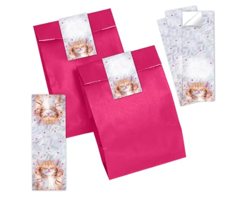 Minkocards Mitgebsel Kindergeburtstag 10 Lesezeichen + 10 Geschenktüten (pink) + 10 Aufkleber Katze Gastgeschenke für Jungsgeburtstag Mädchengeburtstag von Minkocards