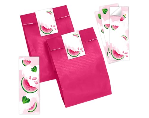 Minkocards Mitgebsel Kindergeburtstag 10 Lesezeichen + 10 Geschenktüten (pink) + 10 Aufkleber Wassermelone Gastgeschenke für Mädchengeburtstag von Minkocards