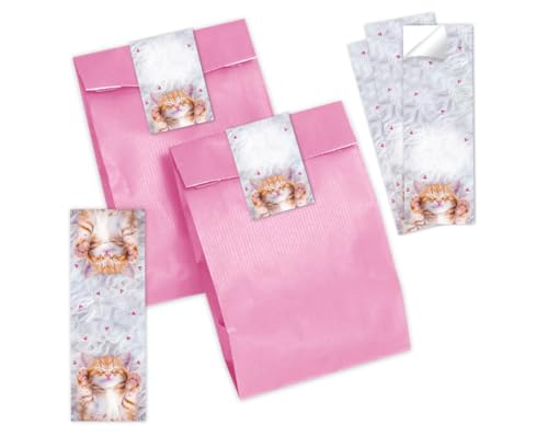 Minkocards Mitgebsel Kindergeburtstag 10 Lesezeichen + 10 Geschenktüten (rosa) + 10 Aufkleber Katze Gastgeschenke für Jungsgeburtstag Mädchengeburtstag von Minkocards