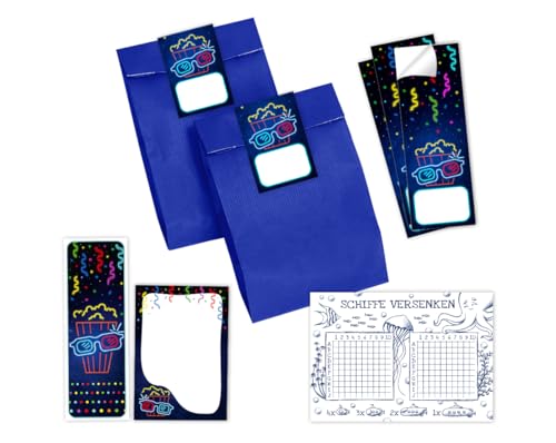 Minkocards Mitgebsel Kindergeburtstag 10 Schiffe versenken + 10 Lesezeichen + 10 Blöcke + 10 Geschenktüten (blau) + 10 Aufkleber Kino Gastgeschenke für Jungsgeburtstag Mädchengeburtstag von Minkocards