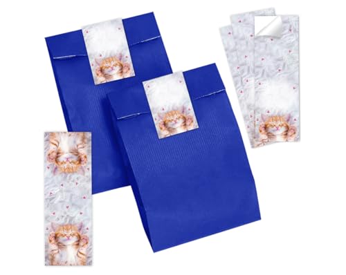 Minkocards Mitgebsel Kindergeburtstag 12 Lesezeichen + 12 Geschenktüten (blau) + 12 Aufkleber Katze Gastgeschenke Jungsgeburtstag Mädchengeburtstag von Minkocards