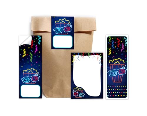 Minkocards Mitgebsel Kindergeburtstag 12 Lesezeichen + 12 Notizblöcke + 12 Geschenktüten (Natur) + 12 Aufkleber Kino Gastgeschenke für Jungsgeburtstag Mädchengeburtstag von Minkocards