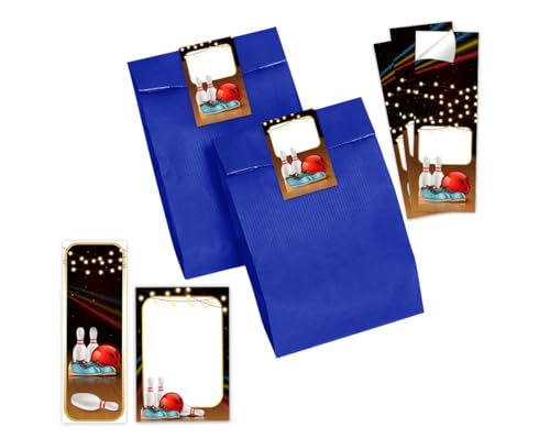 Minkocards Mitgebsel Kindergeburtstag 12 Lesezeichen + 12 Notizblöcke + 12 Geschenktüten (blau) + 12 Aufkleber Bowlling Kegeln Bowling-Party Gastgeschenke für Jungsgeburtstag Mädchengeburtstag von Minkocards