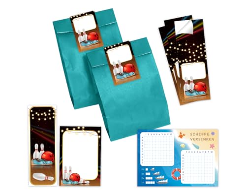 Minkocards Mitgebsel Kindergeburtstag 12 Schiffe versenken + 12 Lesezeichen + 12 Blöcke + 12 Geschenktüten (Petrol) + 12 Aufkleber Bowlling Kegeln Gastgeschenke für Jungsgeburtstag Mädchengeburtstag von Minkocards