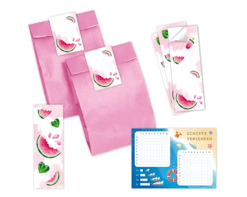 Minkocards Mitgebsel Kindergeburtstag 8 Schiffe versenken + 8 Lesezeichen + 8 Geschenktüten (rosa) + 8 Aufkleber Wassermelone Gastgeschenke für Mädchengeburtstag von Minkocards