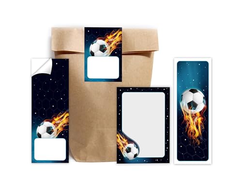 Minkocards Mitgebsel Kindergeburtstag Jungen 12 Lesezeichen + 12 Notizblöcke + 12 Geschenktüten (Natur) + 12 Aufkleber Fussball Fußball Gastgeschenke für Jungsgeburtstag Kinder von Minkocards