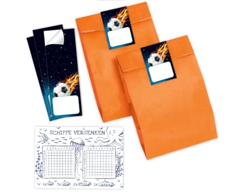 Minkocards Mitgebsel Kindergeburtstag Jungen 6 Schiffe versenken + 6 Geschenktüten (orange) + 6 Aufkleber Fussball Fußball Gastgeschenke für Jungsgeburtstag Kinder von Minkocards