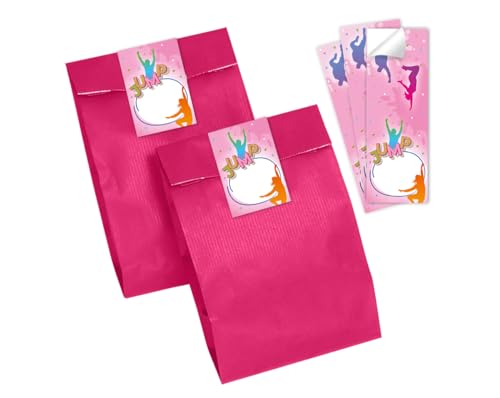 Minkocards Mitgebsel Kindergeburtstag Mädchen 10 Geschenktüten (pink) + 10 Aufkleber Jump Trampolin Geschenktüten für Gastgeschenk einpacken beim Mädchengeburtstag von Minkocards