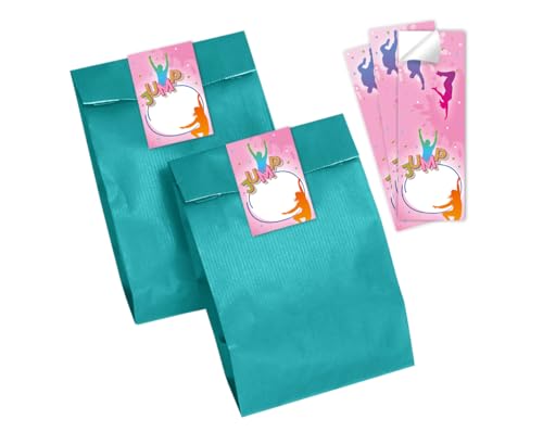 Minkocards Mitgebsel Kindergeburtstag Mädchen 12 Geschenktüten (Petrol) + 12 Aufkleber Jump Trampolin Geschenktüten für Gastgeschenk einpacken beim Mädchengeburtstag von Minkocards