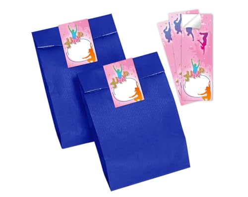 Minkocards Mitgebsel Kindergeburtstag Mädchen 12 Geschenktüten (blau) + 12 Aufkleber Jump Trampolin Geschenktüten für Gastgeschenk einpacken beim Mädchengeburtstag von Minkocards
