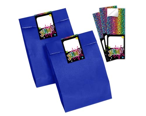Minkocards Mitgebsel Kindergeburtstag Mädchen 12 Geschenktüten (blau) + 12 Aufkleber Trampolin Jump Geschenktüten für Gastgeschenk einpacken beim Mädchengeburtstag von Minkocards