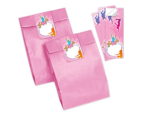 Minkocards Mitgebsel Kindergeburtstag Mädchen 12 Geschenktüten (rosa) + 12 Aufkleber Jump Trampolin Geschenktüten für Gastgeschenk einpacken beim Mädchengeburtstag von Minkocards