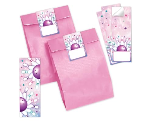 Minkocards Mitgebsel Kindergeburtstag Mädchen 12 Lesezeichen + 12 Geschenktüten (rosa) + 12 Aufkleber Bowling Kegeln Gastgeschenke für Mädchengeburtstag von Minkocards