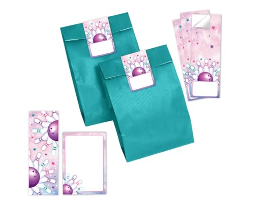 Minkocards Mitgebsel Kindergeburtstag Mädchen 12 Lesezeichen + 12 Notizblöcke + 12 Geschenktüten (Petrol) + 12 Aufkleber Bowling Kegeln Gastgeschenke für Mädchengeburtstag von Minkocards