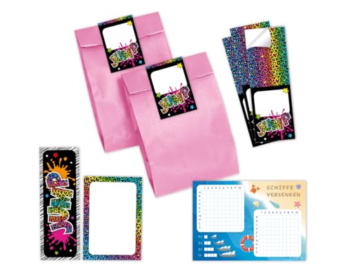 Minkocards Mitgebsel Kindergeburtstag Mädchen 12 Schiffe versenken + 12 Lesezeichen + 12 Blöcke + 12 Geschenktüten (rosa) + 12 Aufkleber Trampolin Jump Gastgeschenke für Mädchengeburtstag von Minkocards