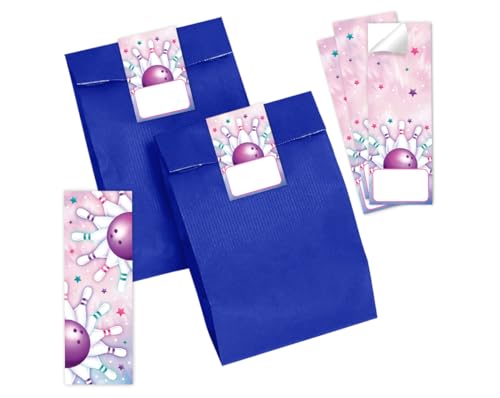 Minkocards Mitgebsel Kindergeburtstag Mädchen 6 Lesezeichen + 6 Geschenktüten (blau) + 6 Aufkleber Bowling Kegeln Gastgeschenke Mädchengeburtstag von Minkocards