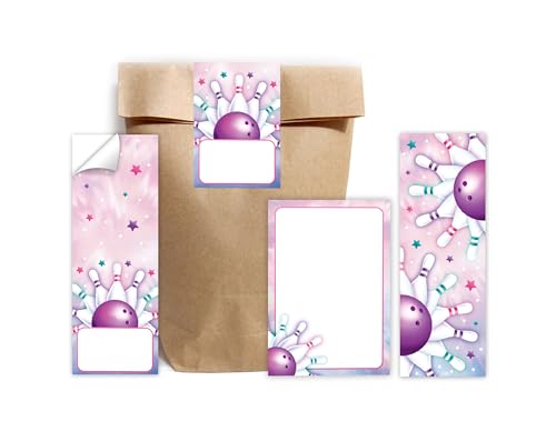 Minkocards Mitgebsel Kindergeburtstag Mädchen 6 Lesezeichen + 6 Notizblöcke + 6 Geschenktüten (Natur) + 6 Aufkleber Bowling Kegeln Gastgeschenke für Mädchengeburtstag von Minkocards