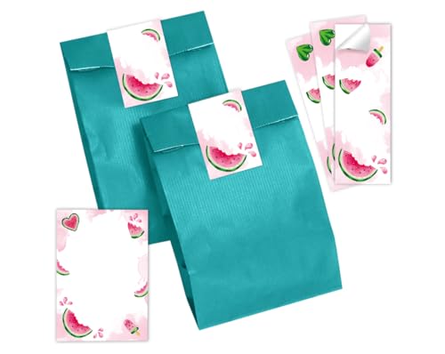 Mitgebsel Kindergeburtstag 10 Mini-Notizblöcke + 10 Geschenktüten (Petrol) + 10 Aufkleber Wassermelone Gastgeschenke für Mädchengeburtstag von Minkocards