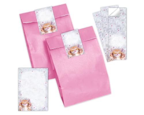 Mitgebsel Kindergeburtstag 10 Mini-Notizblöcke + 10 Geschenktüten (rosa) + 10 Aufkleber Katze Gastgeschenke für Jungsgeburtstag Mädchengeburtstag von Minkocards