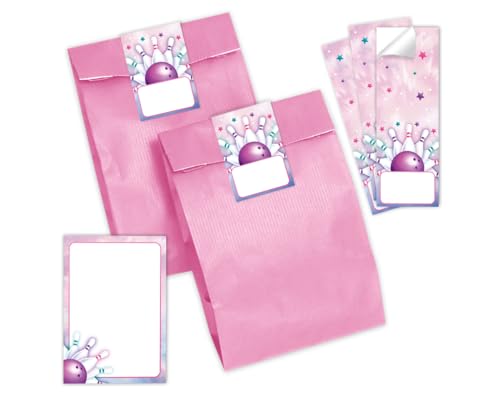 Mitgebsel Kindergeburtstag Mädchen 10 Mini-Notizblöcke + 10 Geschenktüten (rosa) + 10 Aufkleber Bowling Kegeln Gastgeschenke für Mädchengeburtstag von Minkocards