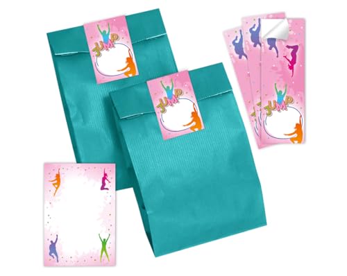 Mitgebsel Kindergeburtstag Mädchen 12 Mini-Notizblöcke + 12 Geschenktüten (Petrol) + 12 Aufkleber Jump Trampolin Gastgeschenke für Mädchengeburtstag von Minkocards