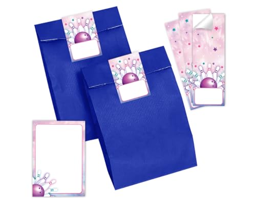 Mitgebsel Kindergeburtstag Mädchen 12 Mini-Notizblöcke + 12 Geschenktüten (blau) + 12 Aufkleber Bowling Kegeln Gastgeschenke für Mädchengeburtstag von Minkocards