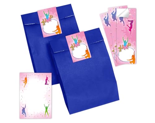 Mitgebsel Kindergeburtstag Mädchen 6 Mini-Notizblöcke + 6 Geschenktüten (blau) + 6 Aufkleber Jump Trampolin Gastgeschenke für Mädchengeburtstag von Minkocards