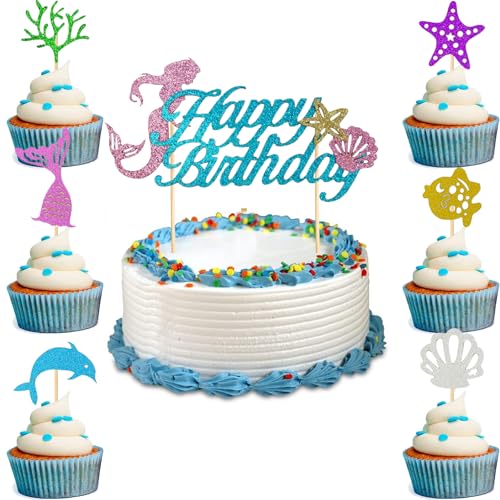 Minnhua 25 Stück Tortendeko Meerjungfrau, 7 Stile Zuckerdekor Meerjungfrau, Tortenaufleger, Mermaid Cake Toppers für Kinder Mädchen Frauen Unterwasser Motto Geburtstags Party Zubehör von Minnhua
