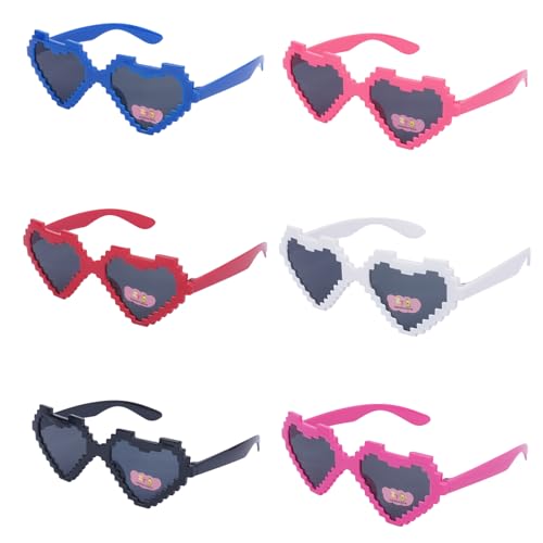 Minnhua 6 Stück Pixel Mosaik Brille, Herz Sonnenbrille, Lustige Brillen, Partybrille Thug Life Herzbrille für Fasching, Party, Cosplay, Kostüm, Halloween, Geburtstag (6 Farben) von Minnhua