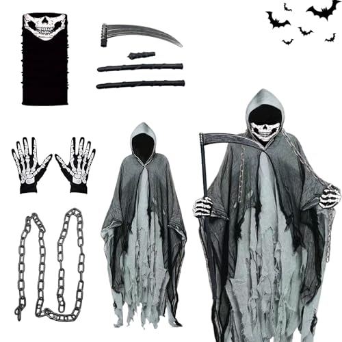 Halloween Geister Umhang,Umhang Geisterumhang Mit Kapuze,Weibliches Geisterkostüm Spuk-Kapuzenumhang,Mit Sichel, Handschuhen, Maske und 1,5m Kette,Gruselige Aktivitäten Cosplay-Kostüm (grau) von Mino Plus