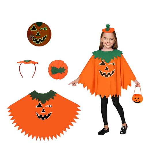 Mino Plus Halloween Damen Kürbis Umhang Orange Poncho, Kürbiskostüm Mädchen Mit Stirnband Kürbisbeutel,Geeignet für Halloween-Horror-Nacht, Maskerade-Rollenspiel-Festival-Spaß-Accessoires (Kinder) Mino Plus Halloween Damen Kürbis Umhang Orange Poncho, Kürbiskostüm Mädchen Mit Stirnband Kürbisbeutel,Geeignet für Halloween-Horror-Nacht, Maskerade-Rollenspiel-Festival-Spaß-Accessoires (Kinder) von Mino Plus