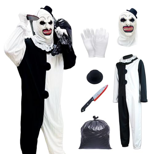 Mino Plus Halloween Horror Clown Cosplay Costume Overall Maske,Terrifier Kostüm,Kostüm Schwarz Weiß Clown Overall, Halloween Unisex Cosplay Kostümset (Erwachsener-M) von Mino Plus