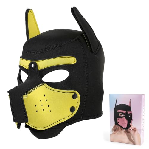 Minvy Erwachsene Neopren-Welpen-Kapuzenmaske, abnehmbare Cosplay-Hunde-Vollgesichtshaube für Halloween (Gelb) von Minvy