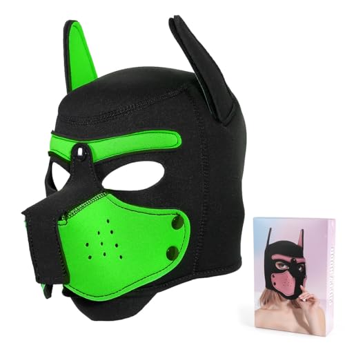 Minvy Erwachsene Neopren-Welpen-Kapuzenmaske, abnehmbare Cosplay-Hunde-Vollgesichtshaube für Halloween (grün) von Minvy