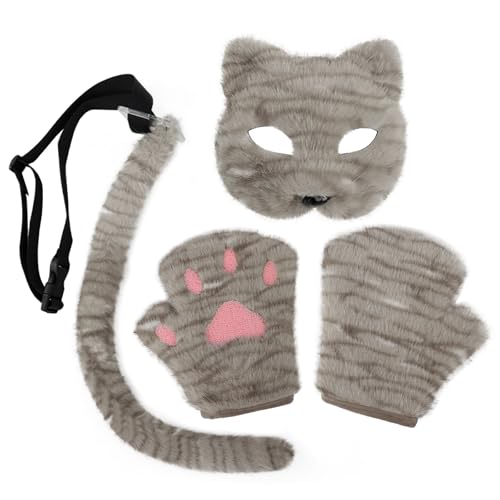 MioCloth Therian Maske Schwanz und Kralle Handschuhe Set Pelztier Katze Kostüm Kit für Halloween Cosplay Anime Partys, GRAU, Einheitsgröße MioCloth Therian Maske Schwanz und Kralle Handschuhe Set Pelztier Katze Kostüm Kit für Halloween Cosplay Anime Partys, GRAU, Einheitsgröße von MioCloth