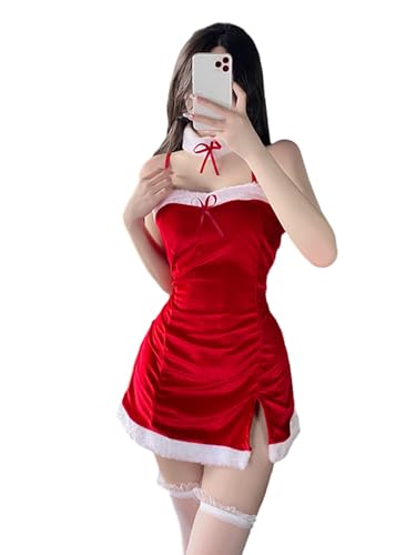 Damen Weihnachten Santa Kleid Deluxe Mrs. Claus Kostüm Korsett Rock Stirnband Choker Handschuhe Set (A-Burgundy, Einheitsgröße) von Miolasay