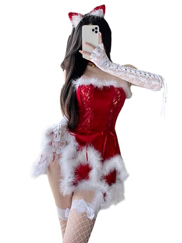 Damen Weihnachten Santa Kleid Deluxe Mrs. Claus Kostüm Korsett Rock Stirnband Choker Handschuhe Set (A-Rot, Einheitsgröße) von Miolasay