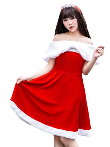 Damen Weihnachten Santa Kleid Deluxe Mrs. Claus Kostüm Korsett Rock Stirnband Choker Handschuhe Set (A-Weiß, Einheitsgröße) von Miolasay