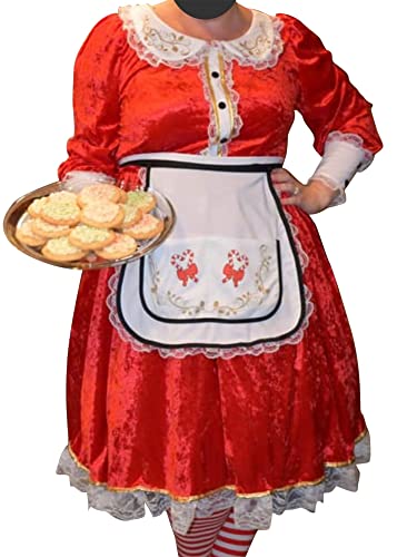 Frauen Cosplay Kostüm Set Dienstmädchen Oma Lange Ärmel Kleid mit Hut Schürze für Weihnachten Halloween Rollenspiel (B-Rot Weiß, L) von Miolasay